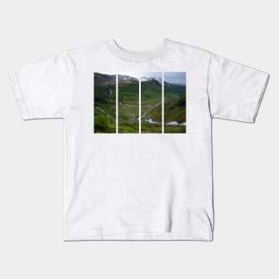 Wonderful landscapes in Norway. Vestland. Beautiful scenery from the Myrkdalen Viewpoint.  Mountains, road, rocks, stream, houses, waterfall and snow in background. Cloudy day. Kids T-Shirt